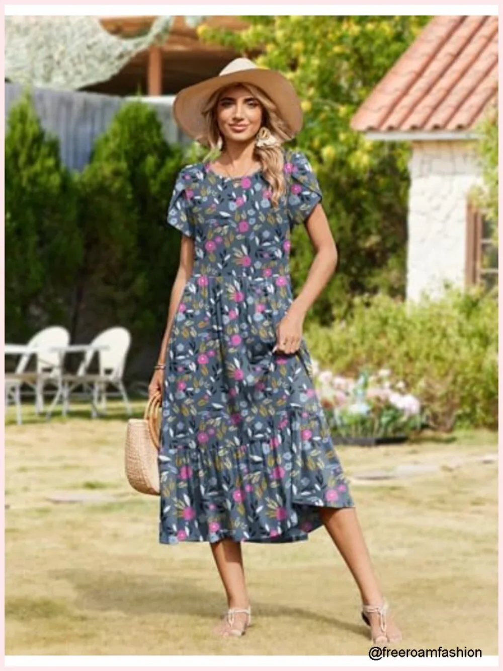 Women's Short Sleeve A-Line Midi Dress with Pockets Tiered Flowy Beach Sundress